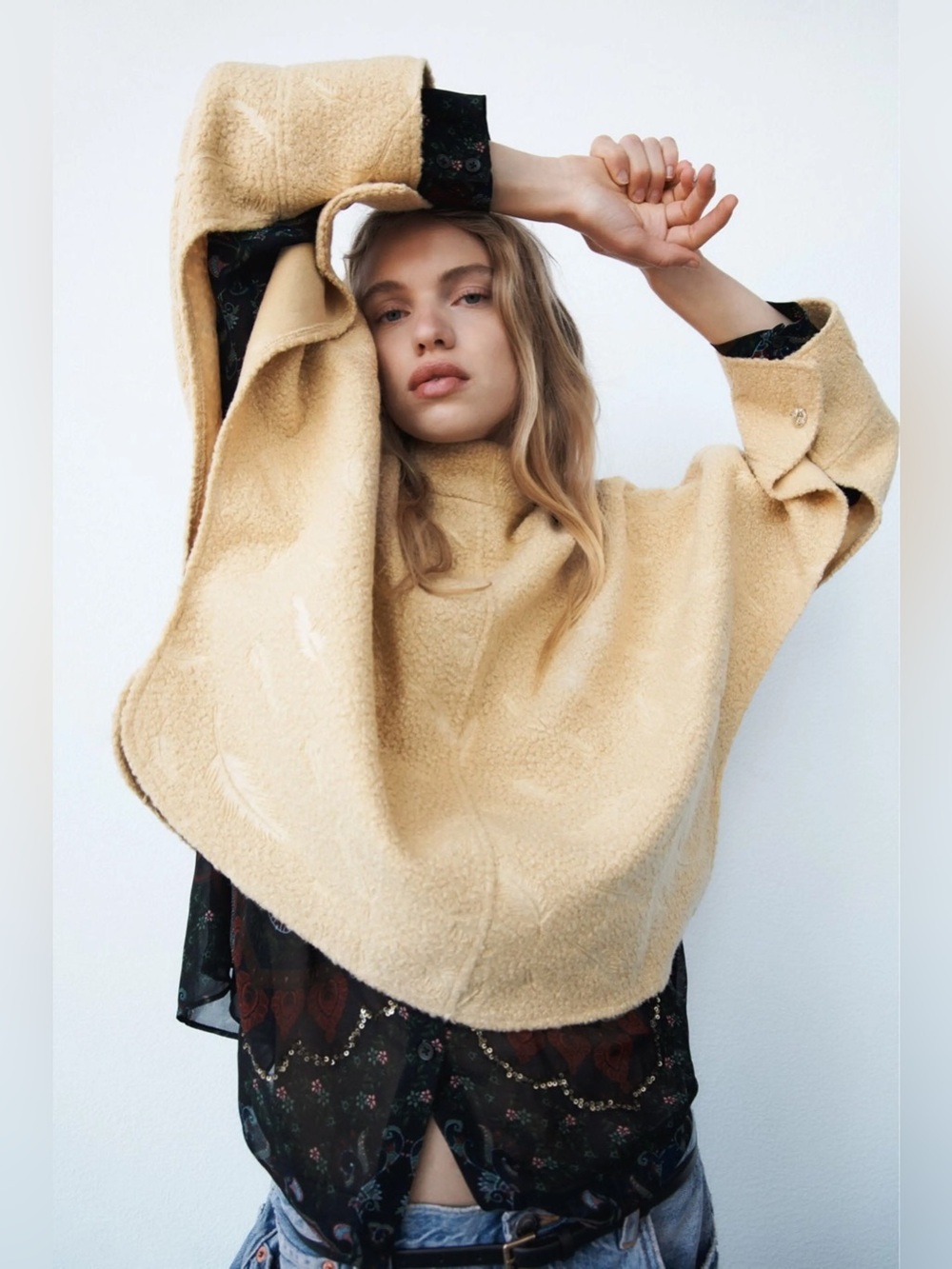 Zara Cape Sweater Womens Large Tan Feather Mock Neck New